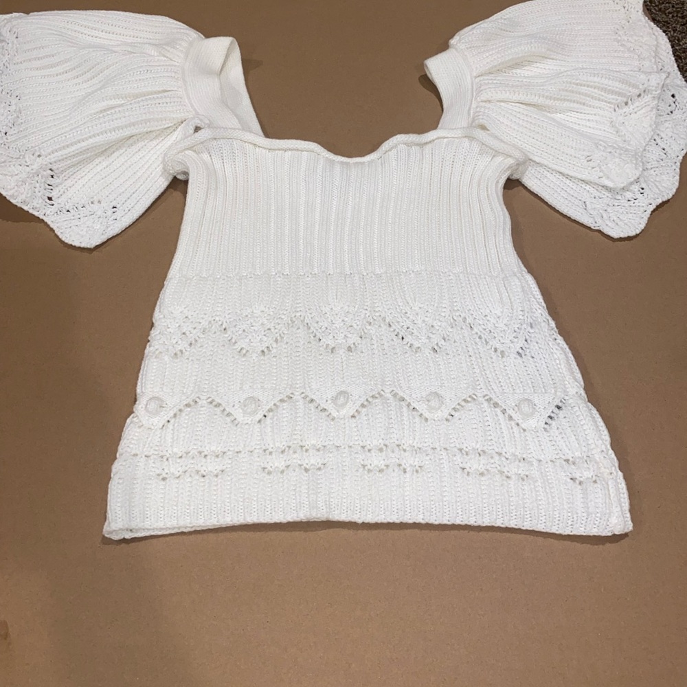 Zara Ivory Knit Top with Puff Sleeves